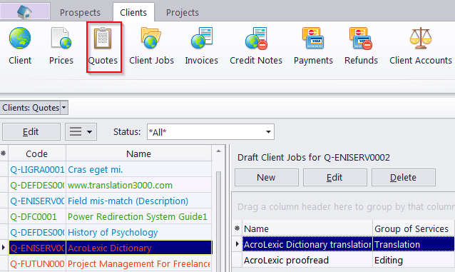 Quotes to Clients window